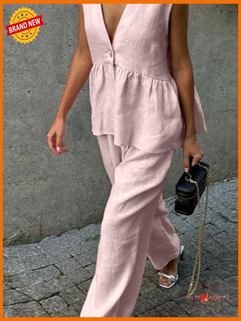 Sleeveless V Neck Peplum Top Wide Leg Pant Set 2 Piece Lounge Outfit - Picture 4 of 7